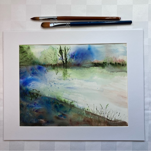 Abstract Lakeside Landscape Original Watercolor Wall Art Painting - Picture 1 of 16